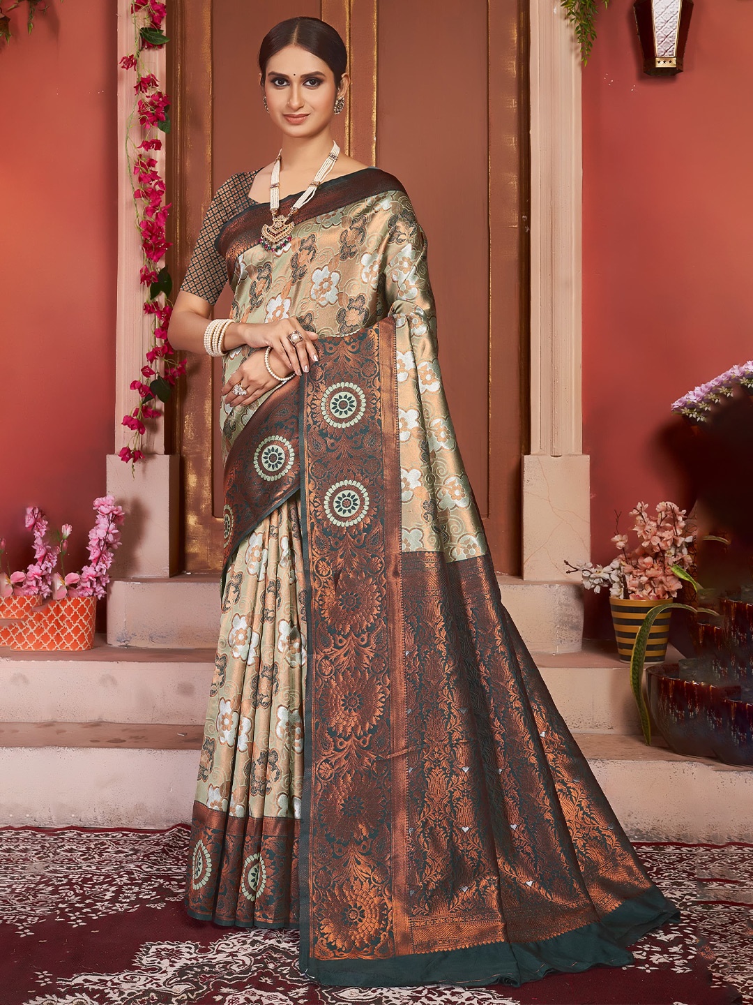 

Areca Designer Ethnic Motifs Woven Design Banarasi Zari Saree, Sea green