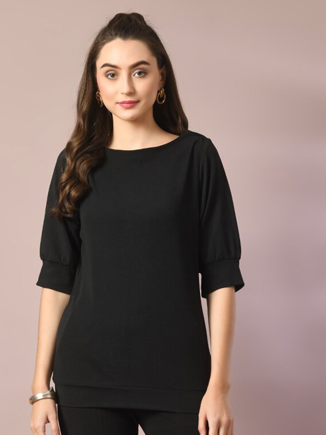 

Myshka Boat Neck Puff Sleeves Blouson Top, Black