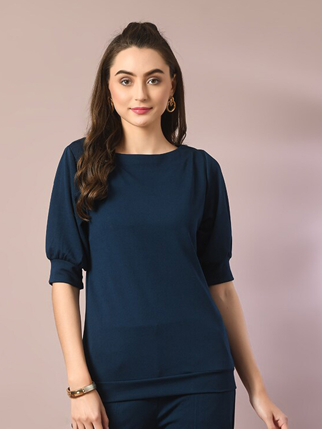 

Myshka Boat Neck Puff Sleeves Blouson Top, Blue