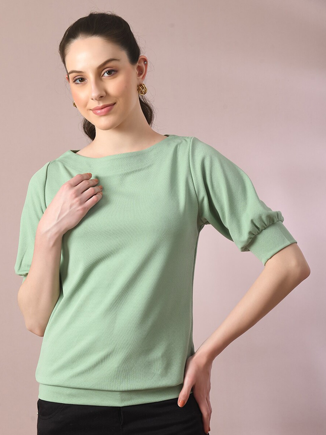 

Myshka Boat Neck Puff Sleeves Top, Sea green