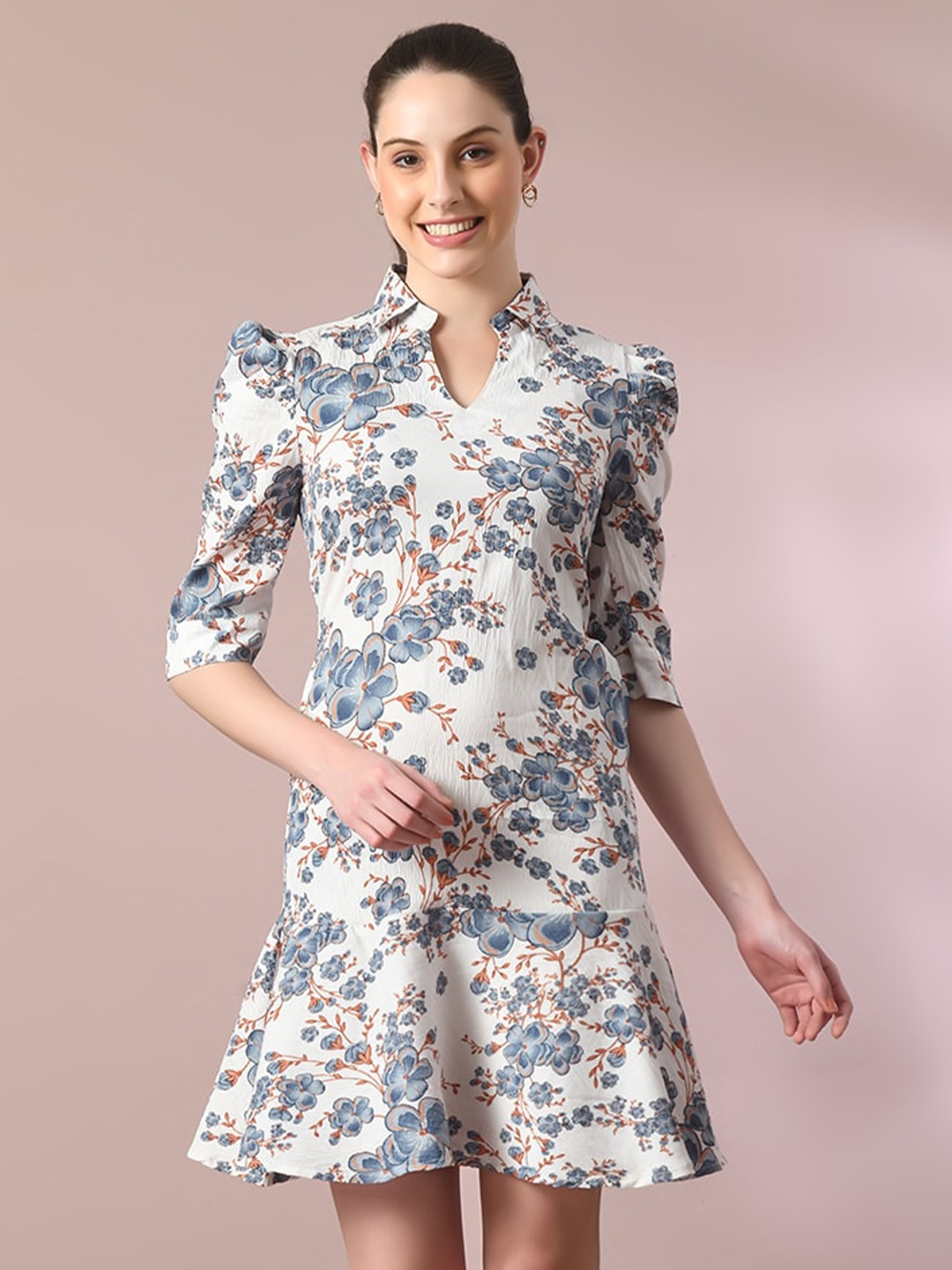 

Myshka Floral Printed Mandarin Collar Fit and Flare Dress, White