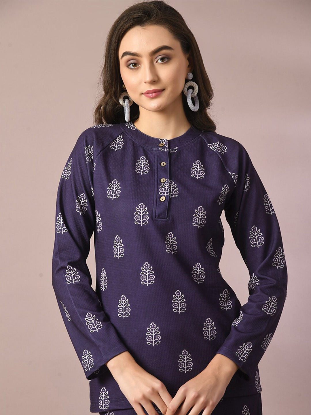 

Myshka Ethnic Motifs Printed Band Collar Raglan Sleeves Top, Navy blue