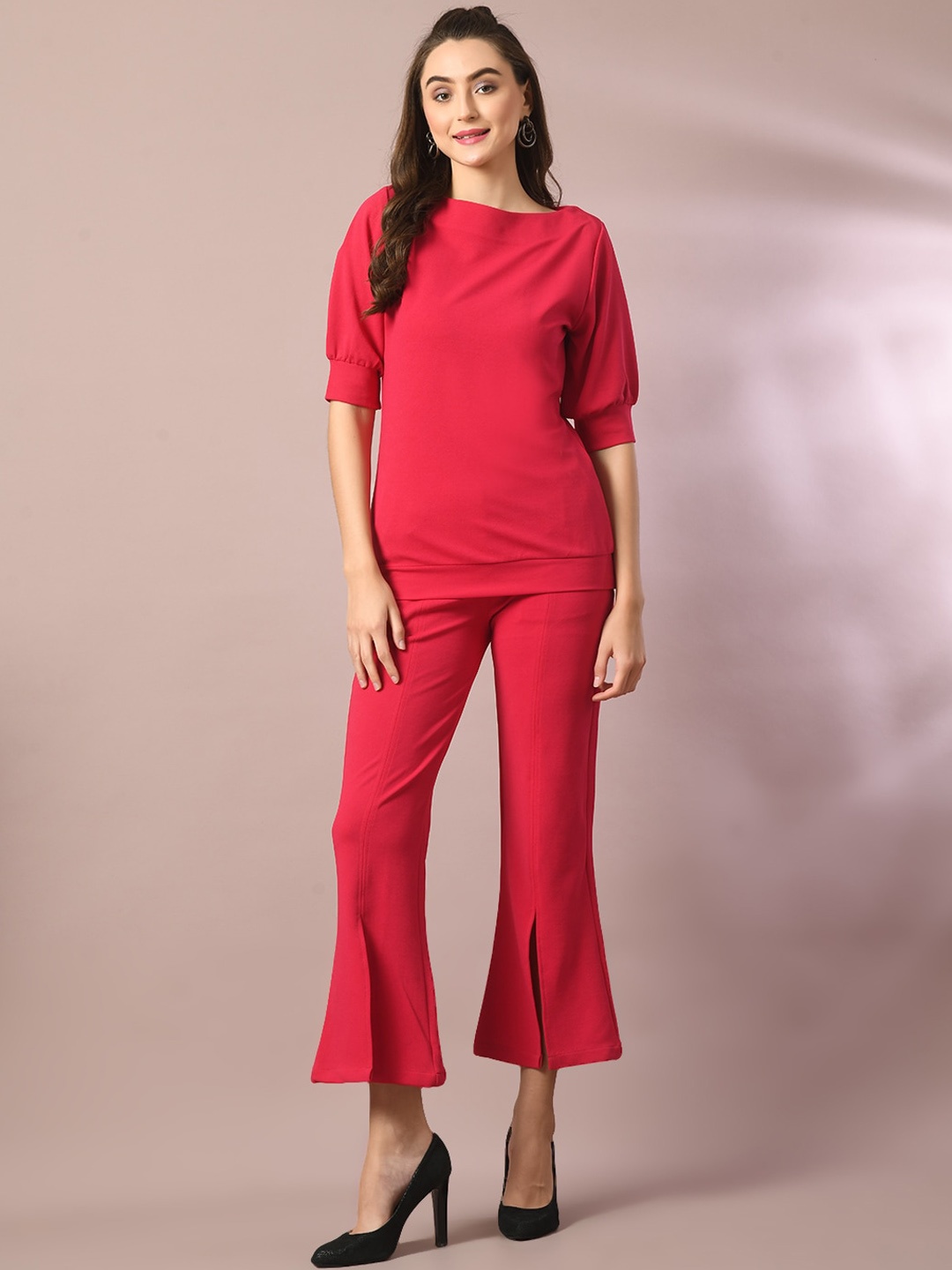 

Myshka Women Comfort Flared Wrinkle Free Trousers, Pink