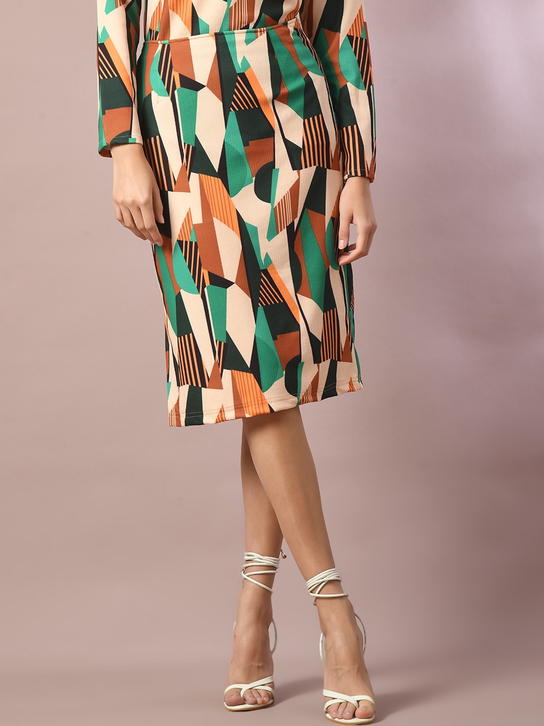 

Myshka Abstract Printed Straight Knee Length Skirts, Green