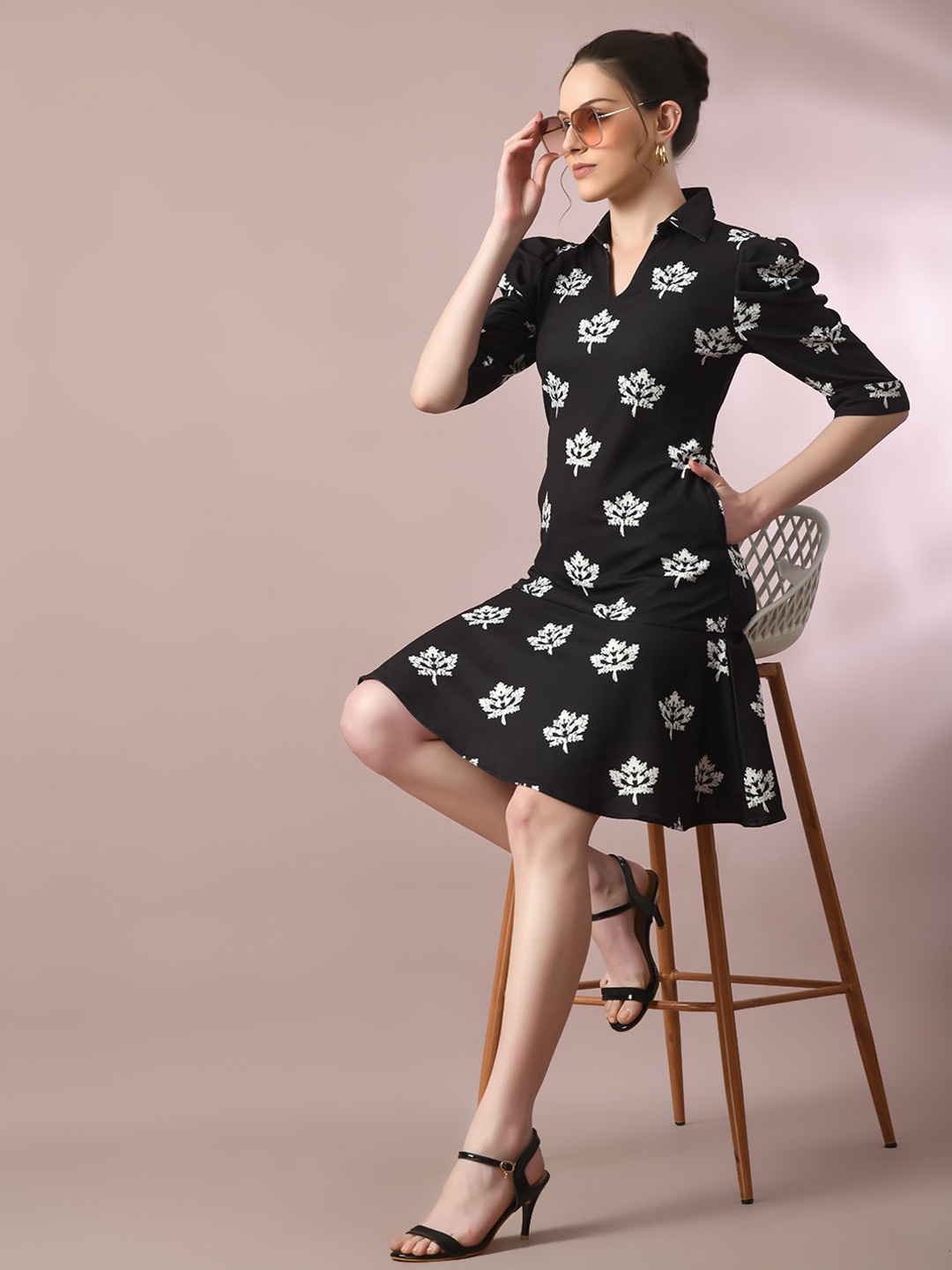 

Myshka Floral Printed Fit & Flare Dress, Black