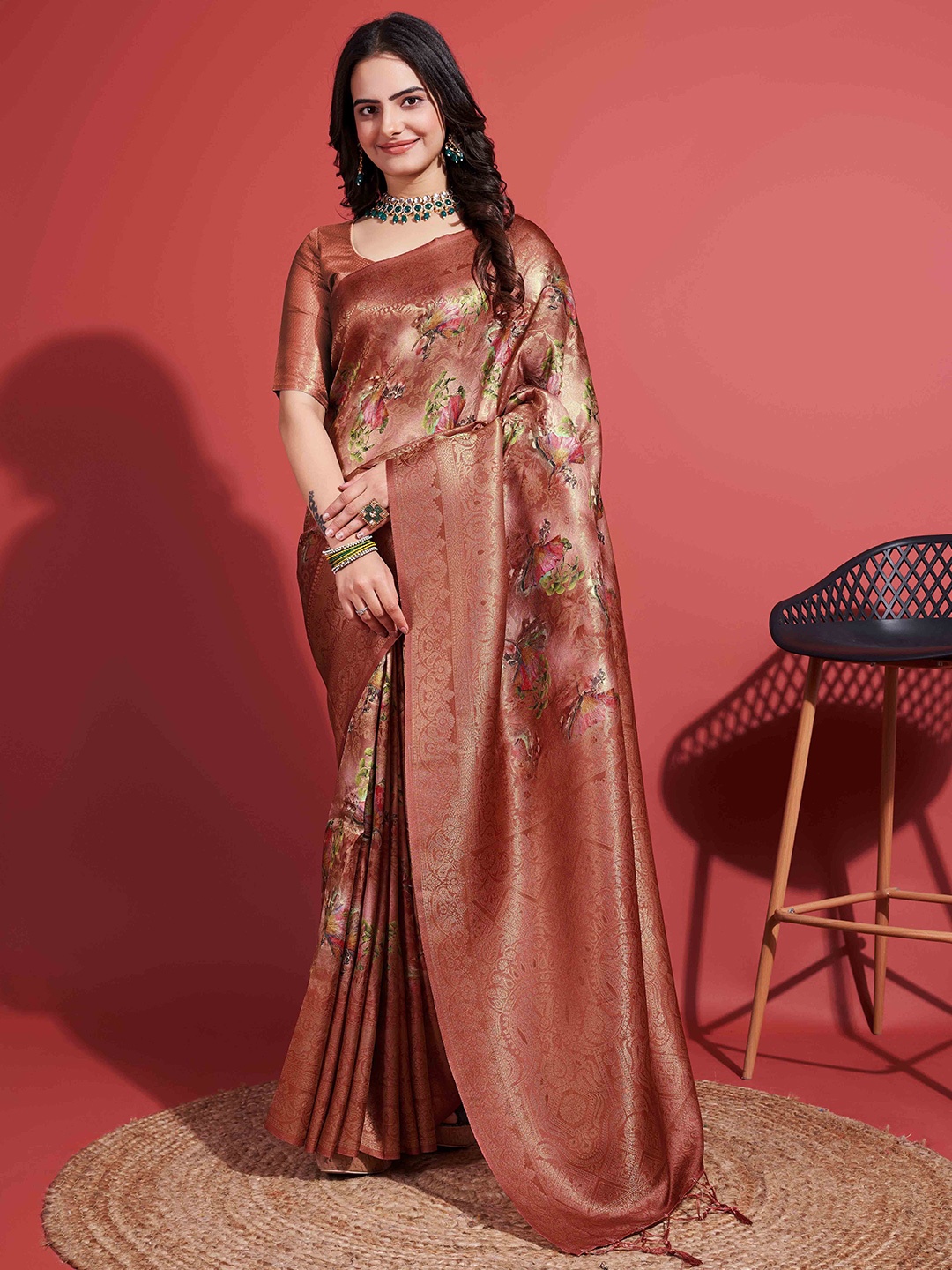 

Mitera Brown Floral Woven Design Zari Saree