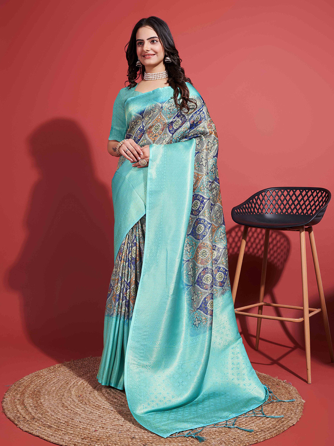 

Mitera Turquoise Blue Ethnic Motifs Woven Design Zari Saree