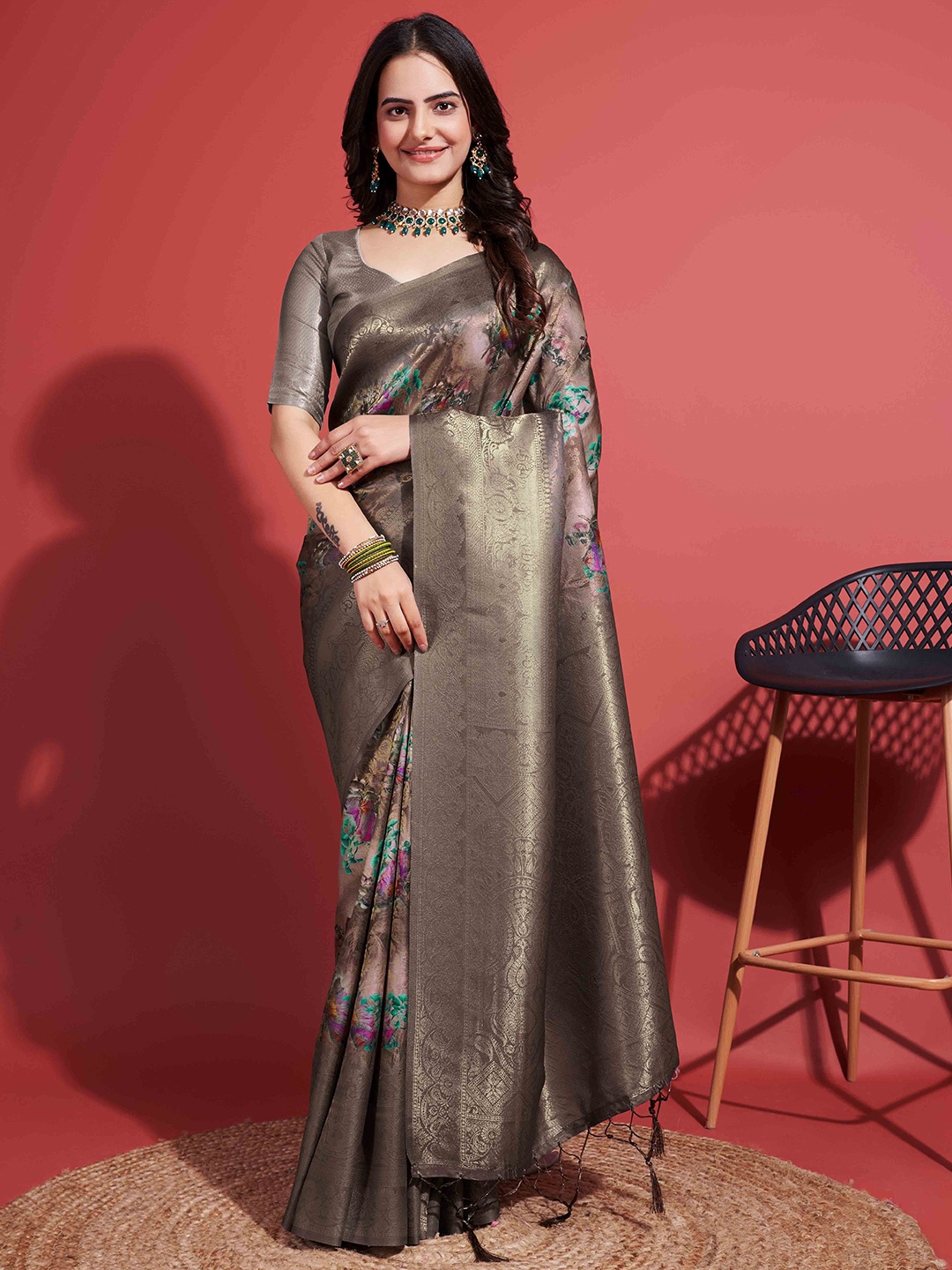 

Mitera Grey Floral Woven Design Zari Kanjeevaram Saree