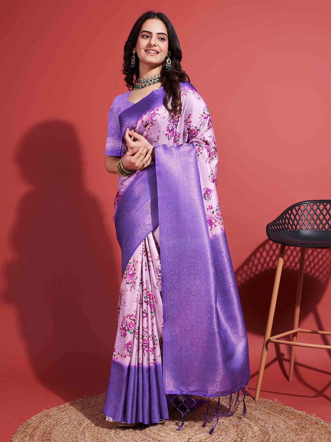 

Mitera Purple Floral Woven Design Zari Saree