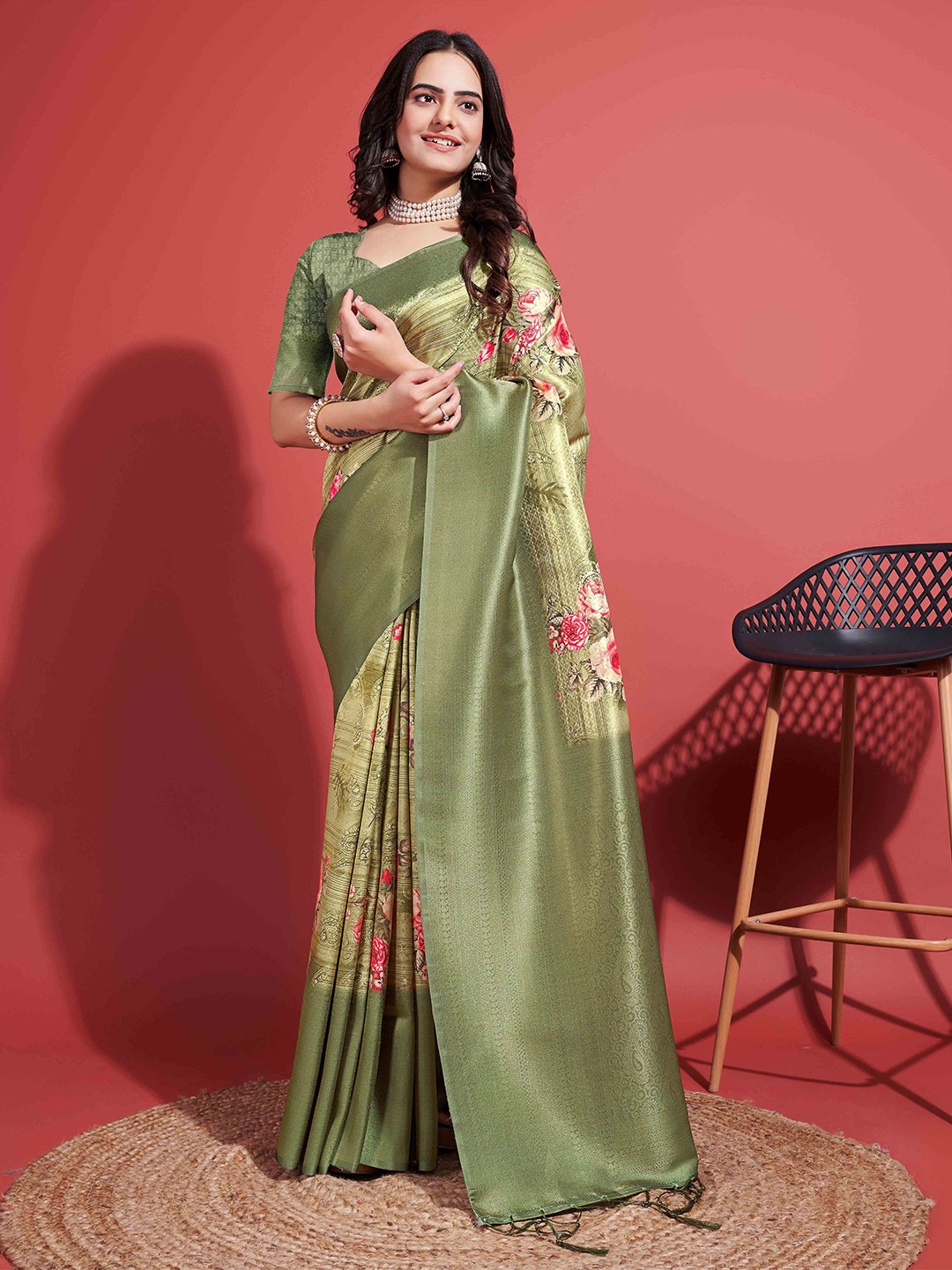 

Mitera Olive Green Floral Woven Design Zari Saree