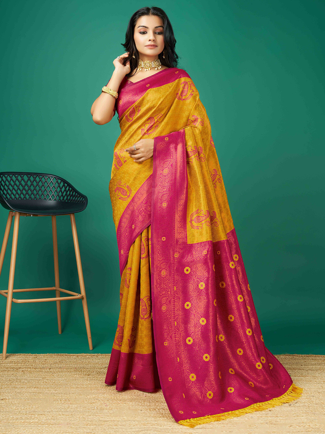 

Mitera Ethnic Motifs Woven Design Zari Saree, Mustard