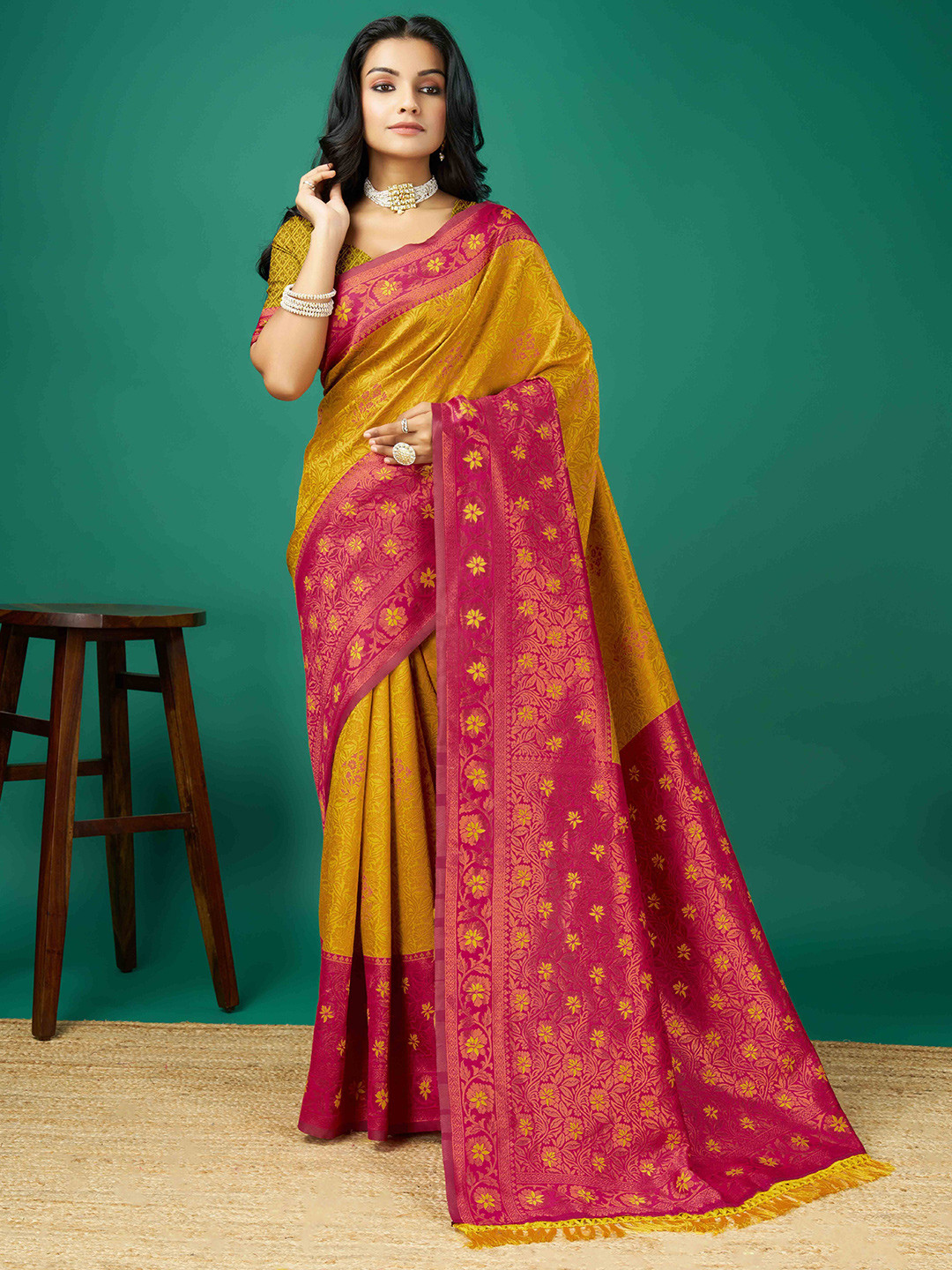 

Mitera Ethnic Motifs Woven Design Zari Saree, Mustard