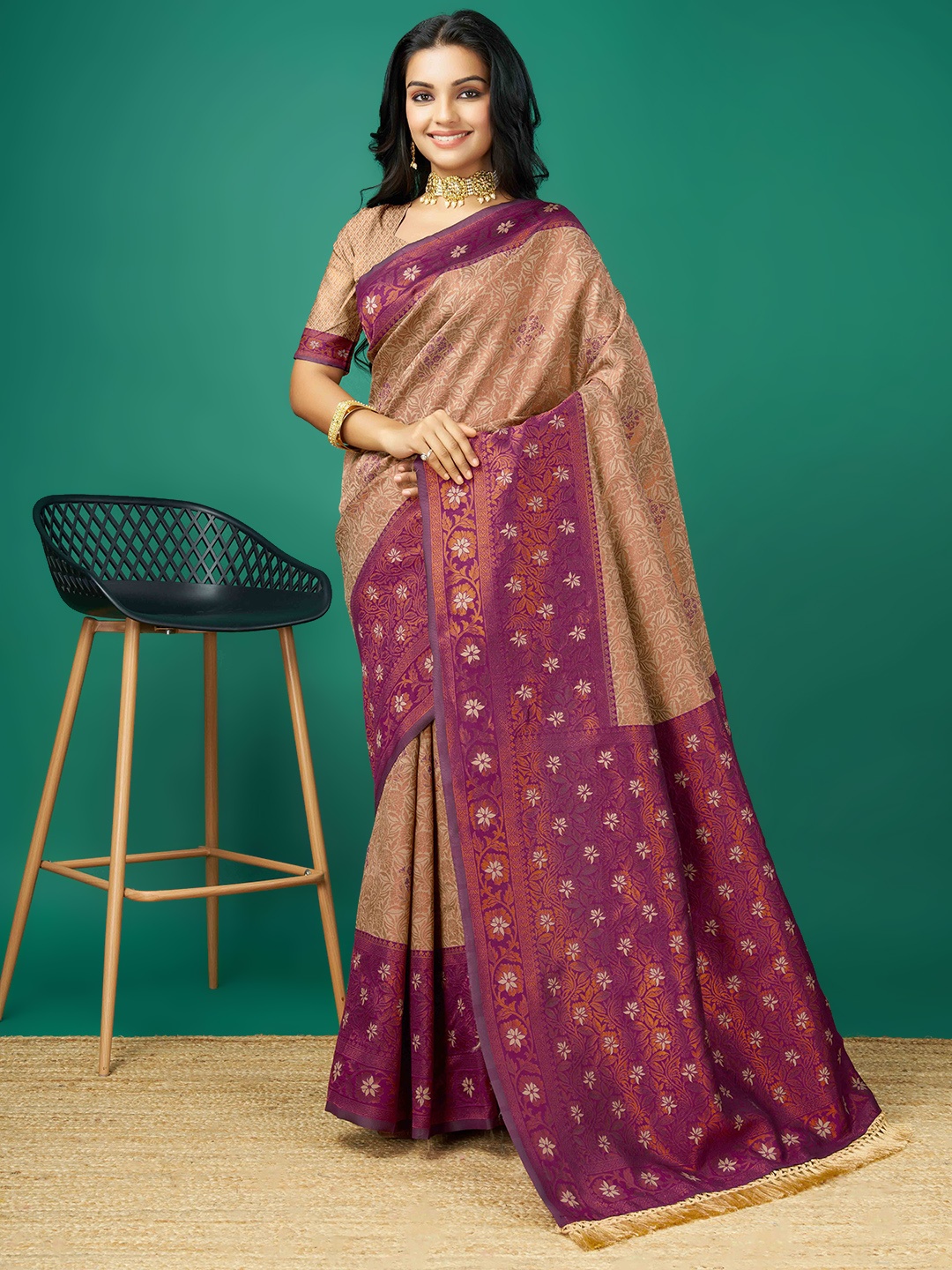 

Mitera Beige Ethnic Motifs Woven Design Zari Saree