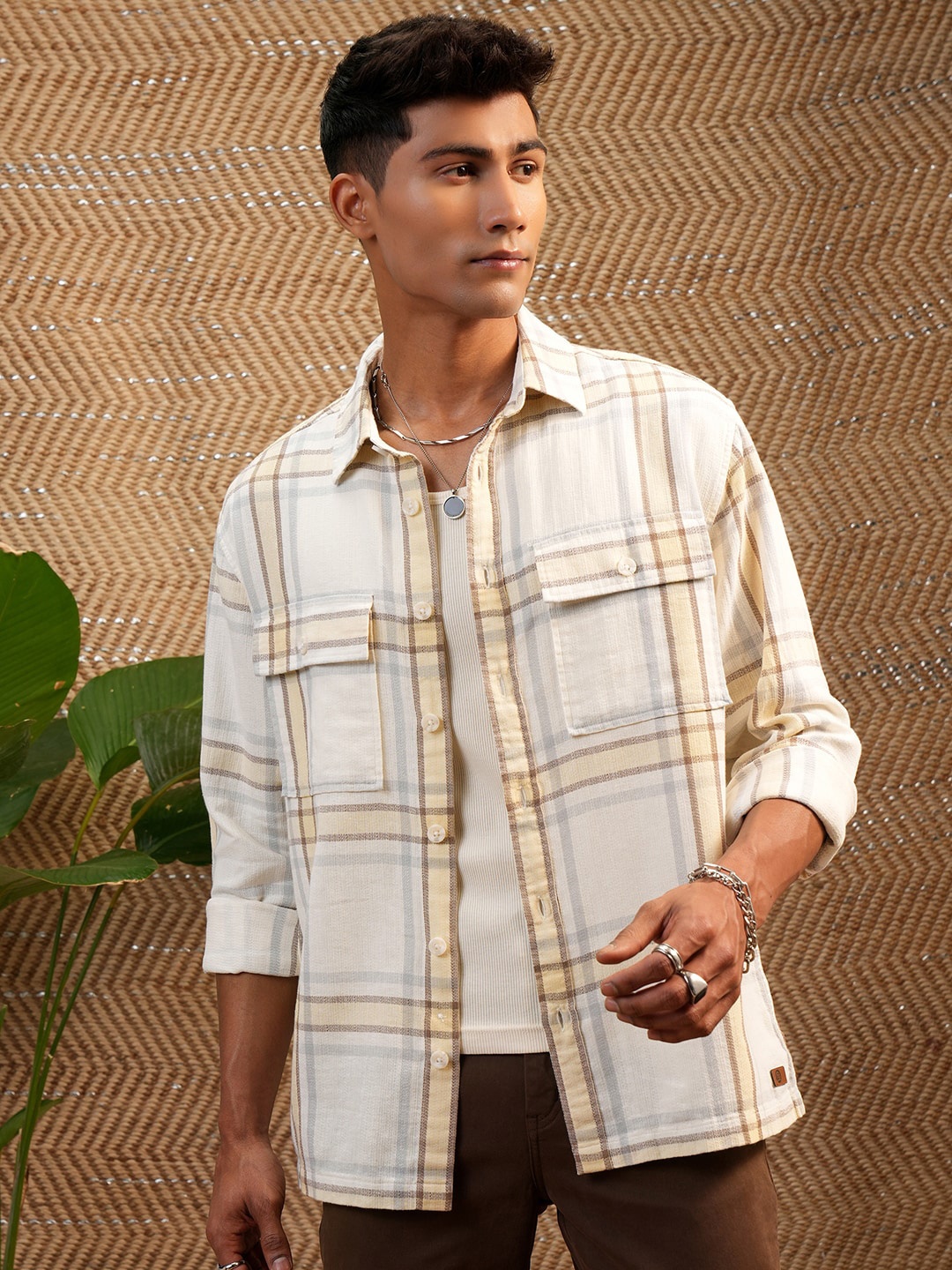 

LOCOMOTIVE Premium Mocklino Dobby Textured Checked Oversized Overshirt, Cream