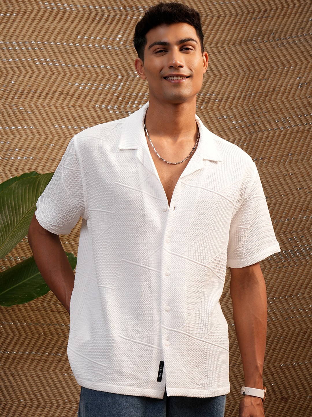 

Locomotive Premium Men Popcorn Textured Cuban Collar Relaxed Shirt, White