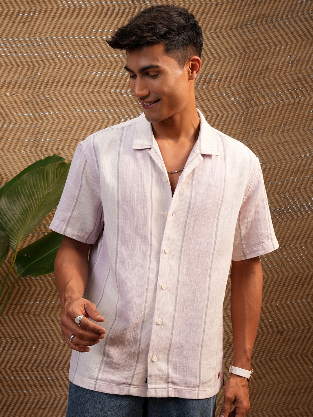 

Locomotive Premium Men Dobby Textured Cuban Collar Relaxed Shirt, Pink