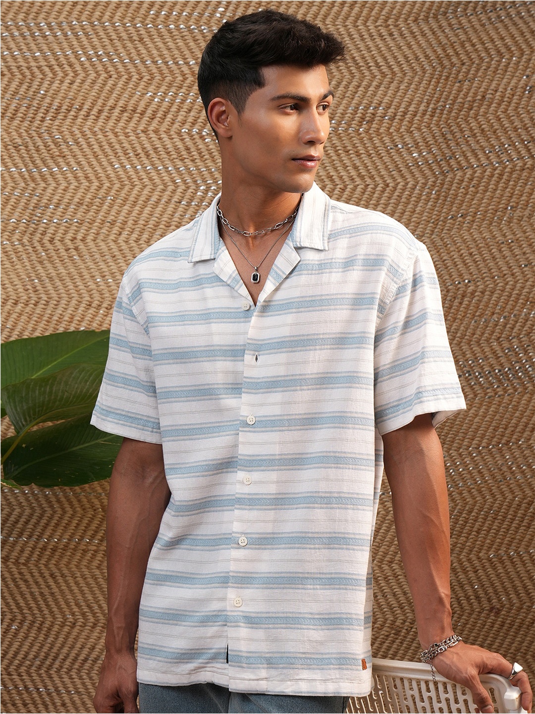 

Locomotive Premium Men Dobby Textured Striped Cuban Collar Relaxed Shirt, White