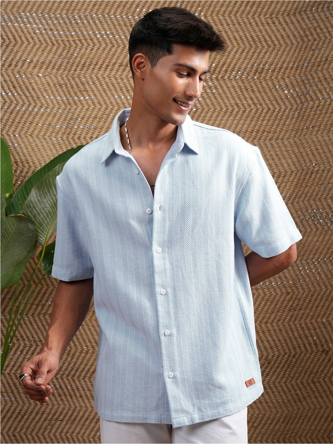 

LOCOMOTIVE Premium Dobby Textured Striped Oversized Shirt, Blue
