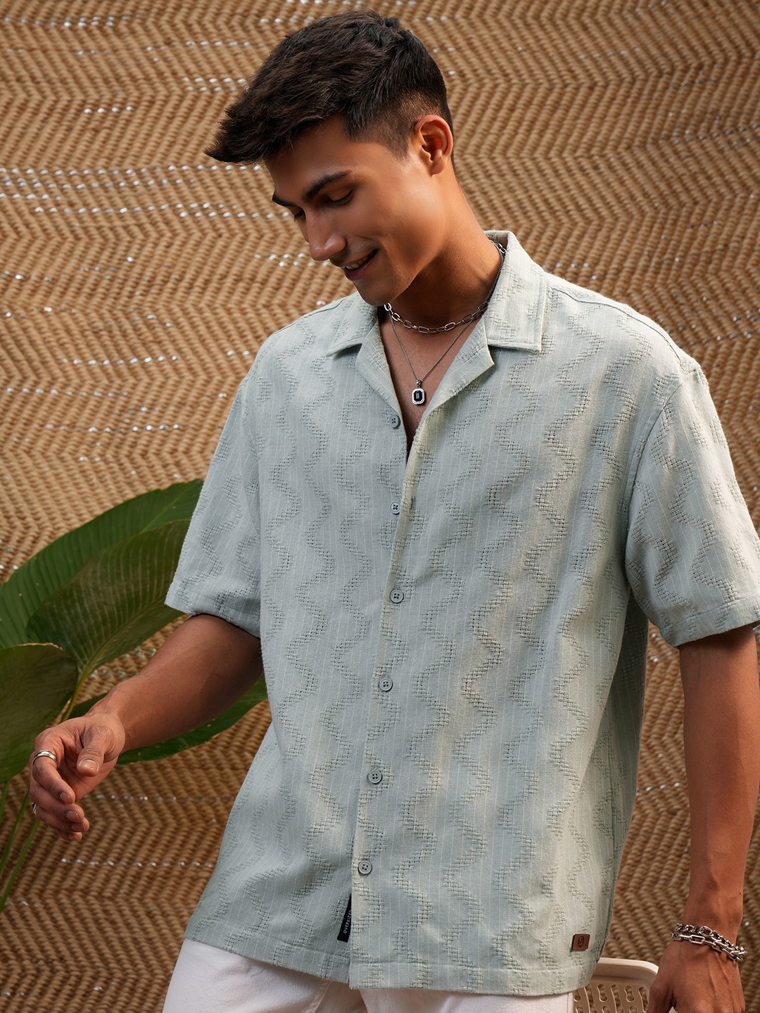 

LOCOMOTIVE Premium Men Dobby Textured Cuban Collar Oversized Shirt, Green