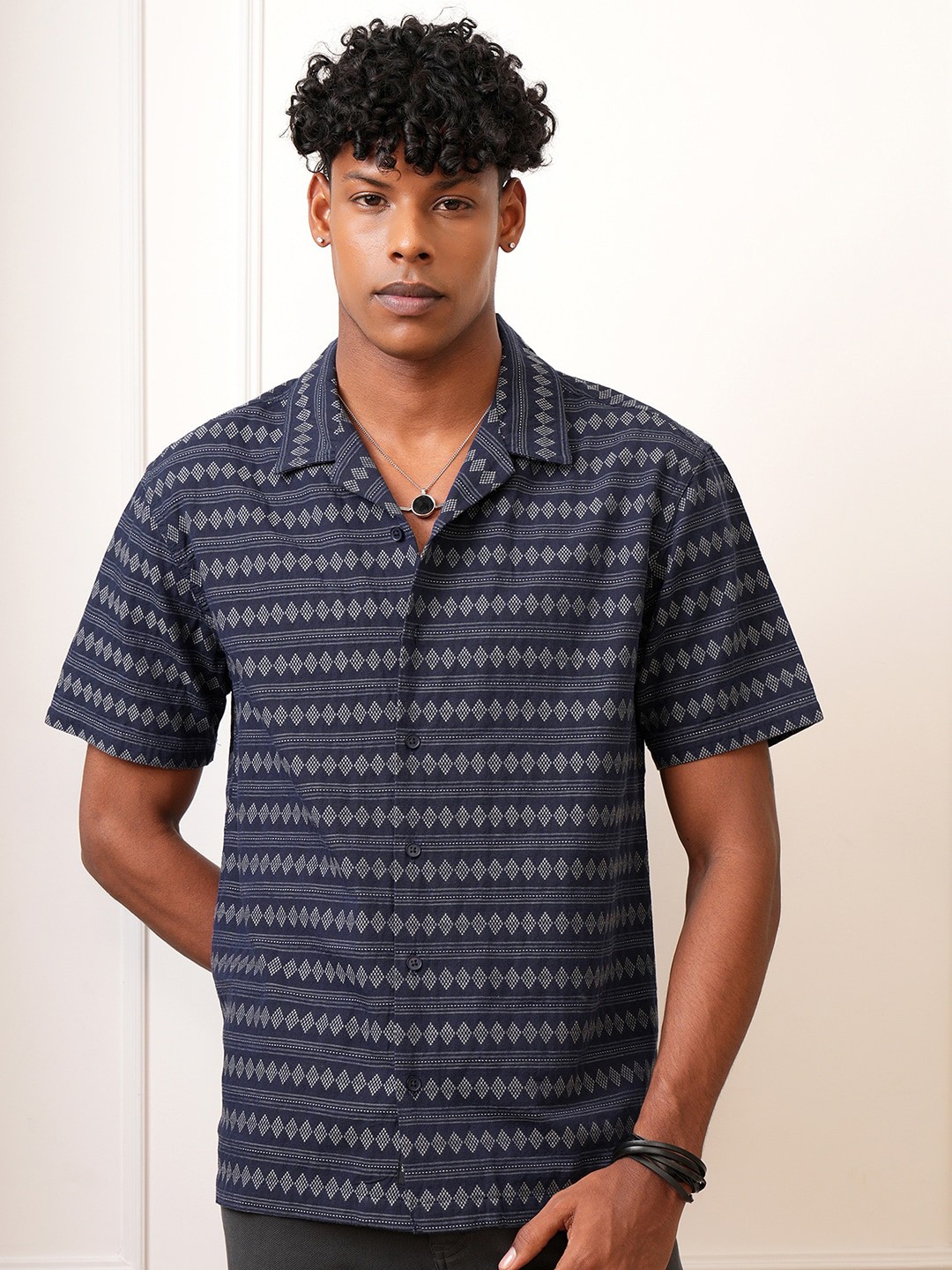 

Locomotive Premium Men Dobby Textured Cuban Collar Relaxed Shirt, Navy blue