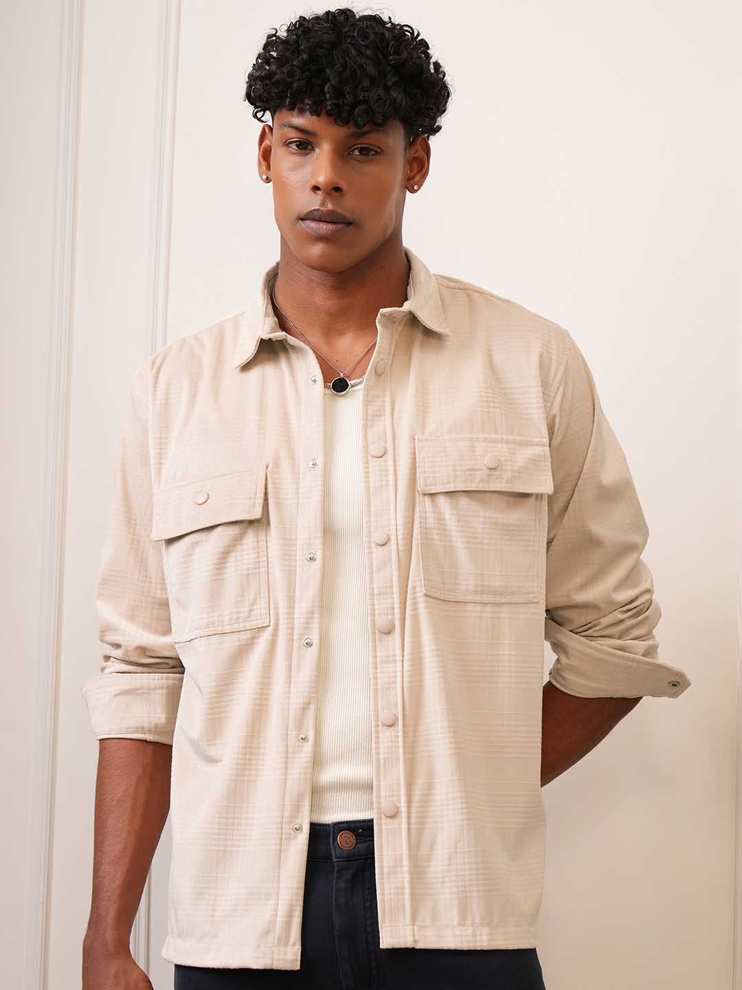 

LOCOMOTIVE Oversized Luxe Cord Textured Evening Party Shirt, Beige