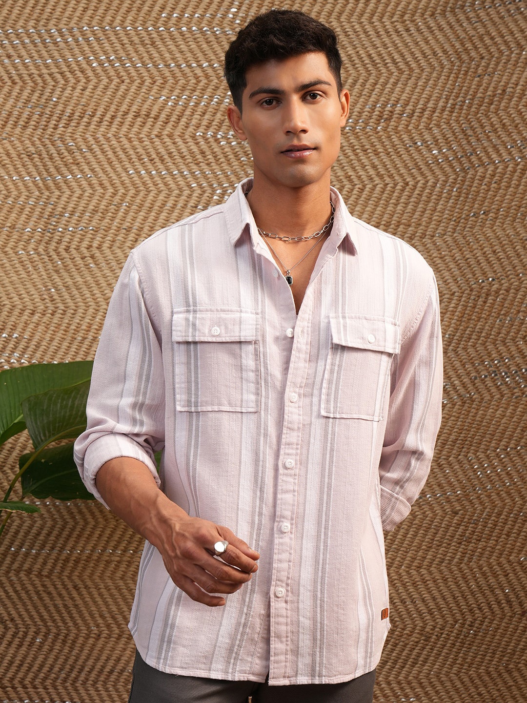 

Locomotive Premium Men Mocklino Textured Striped Utility Pocket Relaxed Shirt, Pink