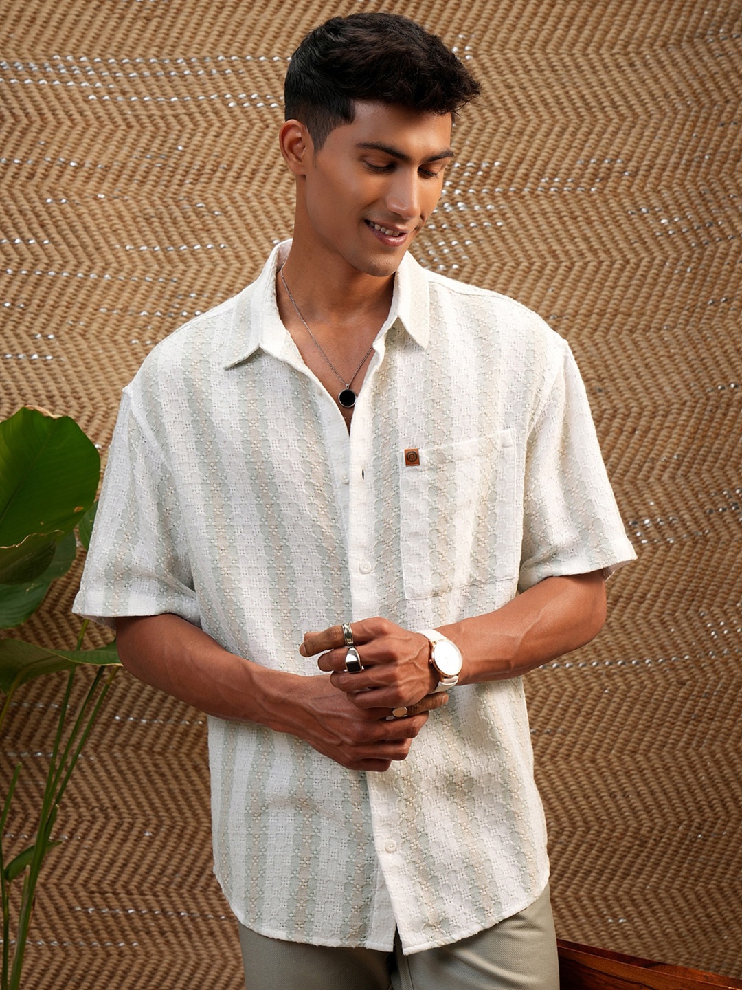 

LOCOMOTIVE Premium Men Dobby Textured Oversized Shirt, White