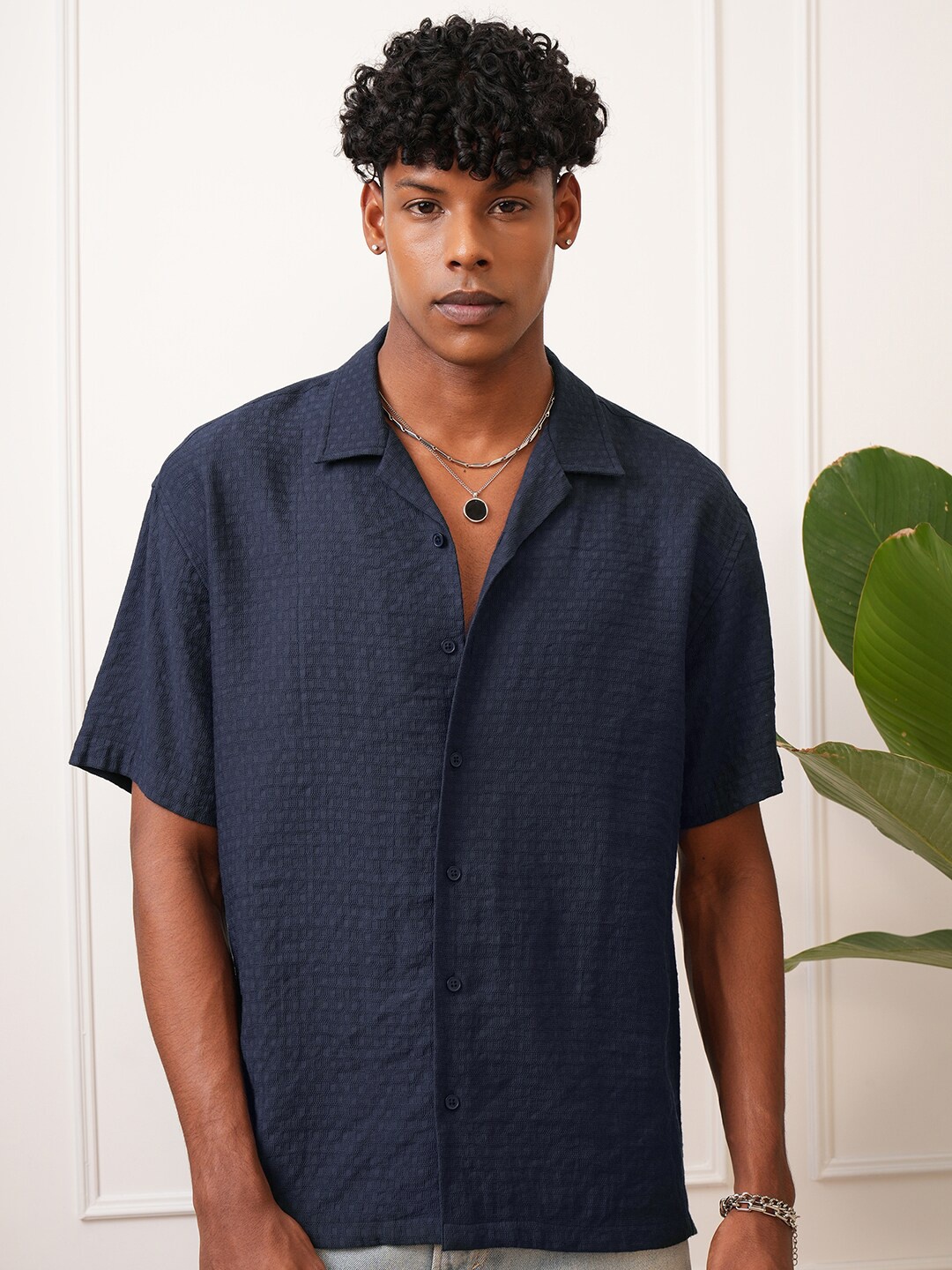 

Locomotive Premium Men Dobby Textured Cuban Collar Relaxed Shirt, Navy blue