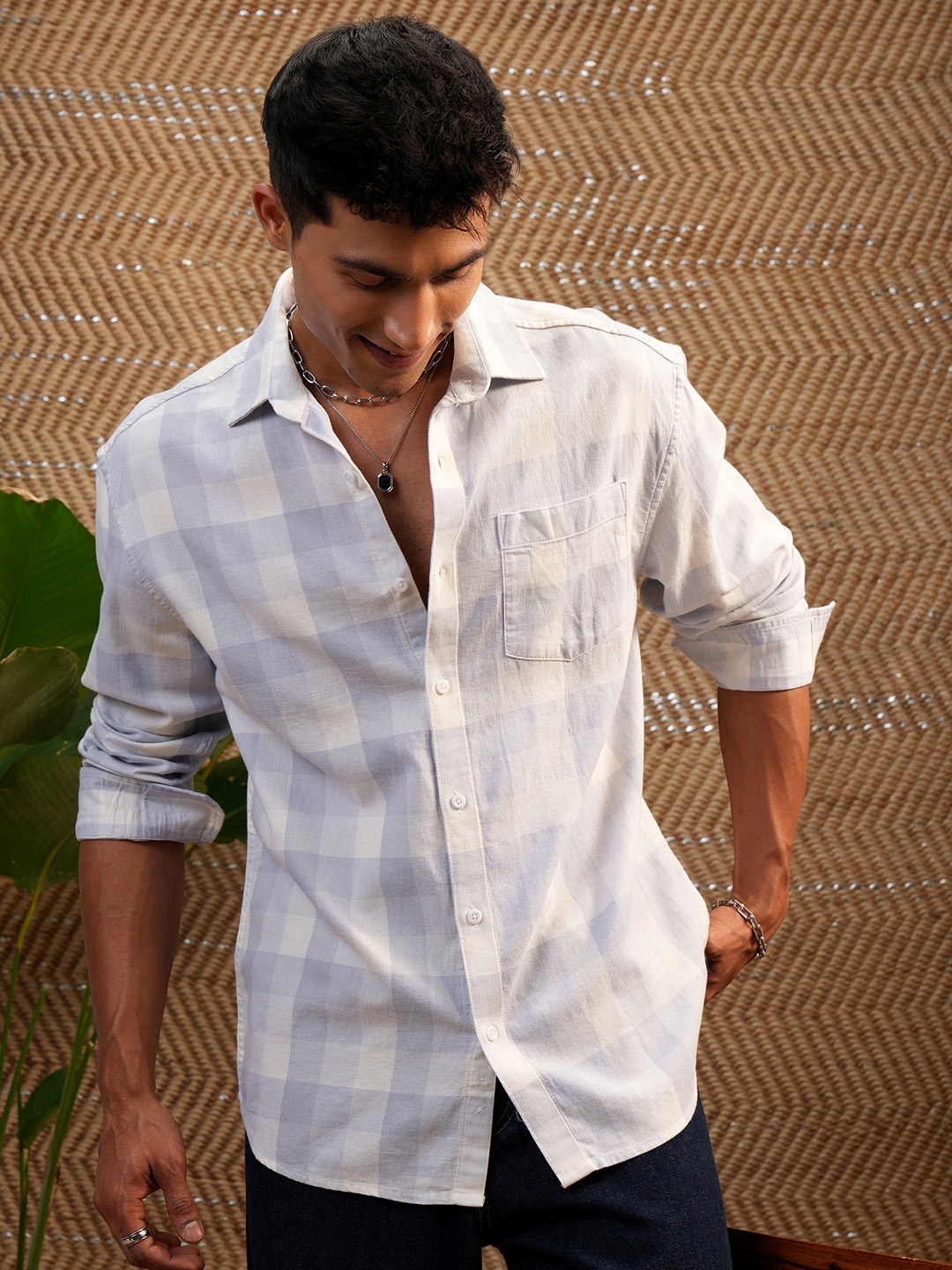 

Locomotive Premium Men Dobby Textured Checked Relaxed Shirt, Blue