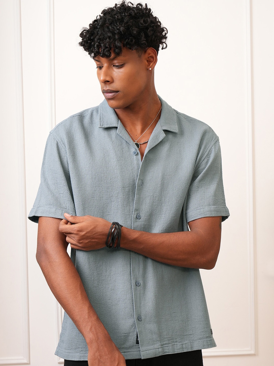 

LOCOMOTIVE Premium Moklino Textured Cuban Collar Relaxed Shirt, Blue