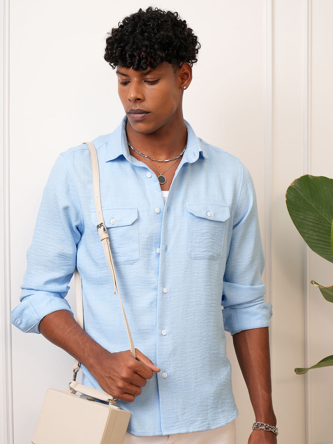

Locomotive Premium Men Linen Solid Utility Pocket Shirt, Blue