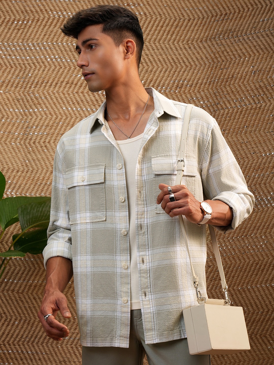 

LOCOMOTIVE Premium Men Dobby Textured Checked Oversized Shirt, Beige