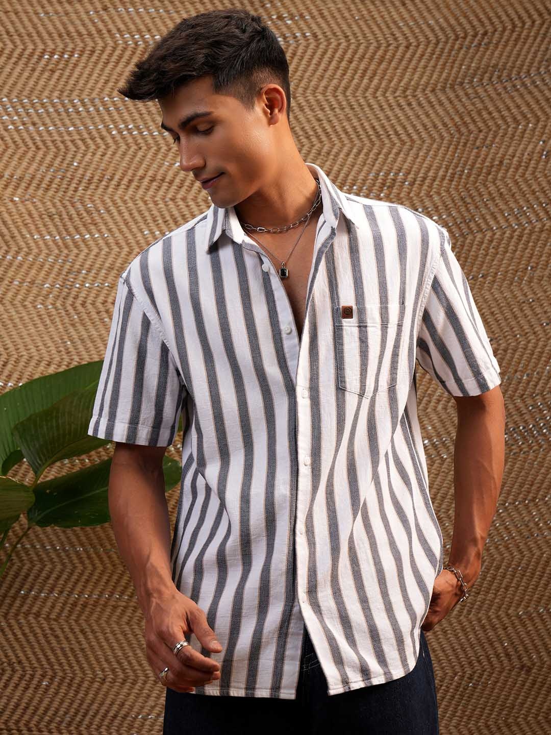 

Locomotive Premium Mocklino Textured Striped Relaxed Shirt, White