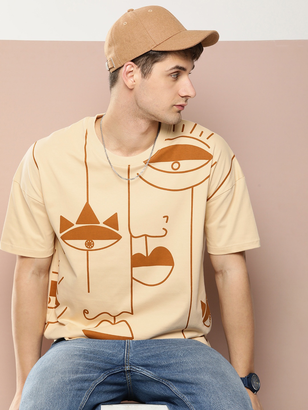

Stormborn Men Graphic Printed Oversized Drop-Shoulder Pure Cotton T-shirt, Beige