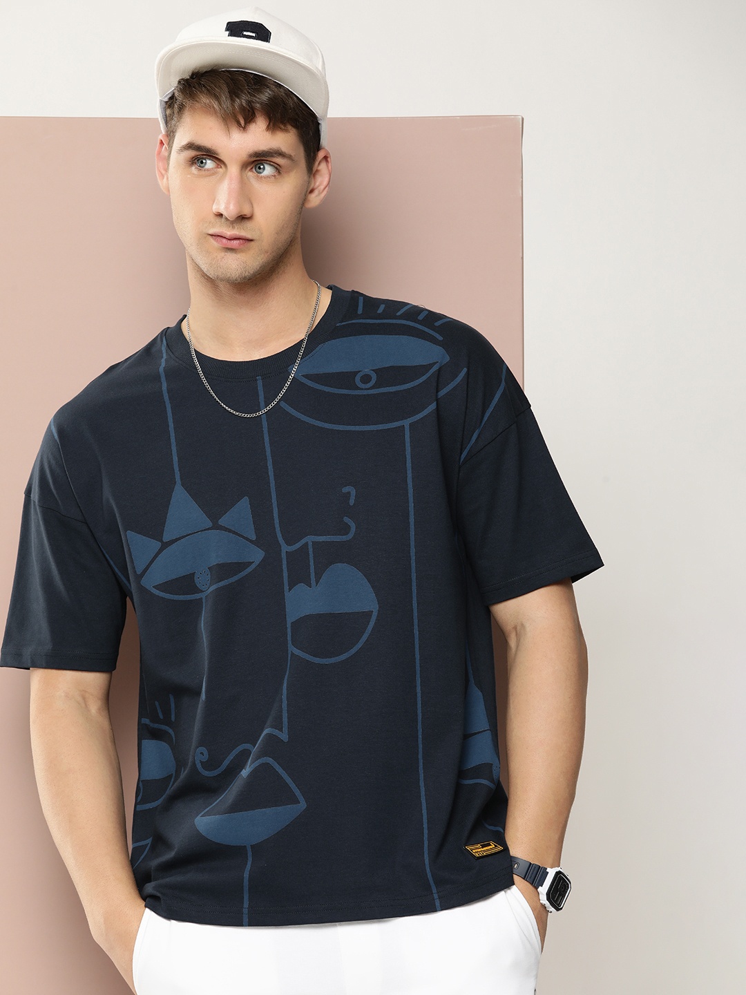 

Stormborn Men Graphic Printed Oversized Drop-Shoulder T-shirt, Navy blue