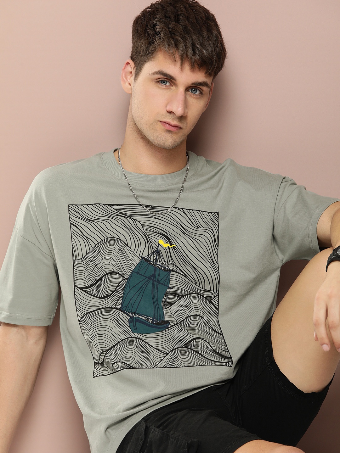 Stormborn Men Graphic Printed Oversized Drop-Shoulder T-shirt, Grey