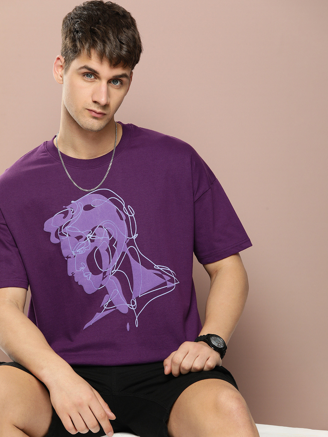 

Stormborn Men Printed Oversized Drop-Shoulder Pure Cotton T-shirt, Purple