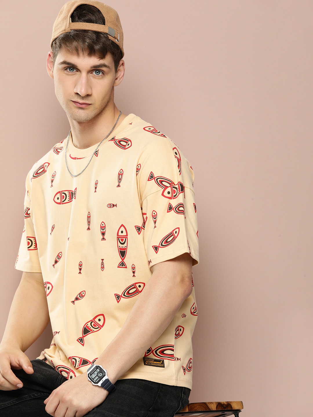 Stormborn Men Graphic Printed Oversized Drop-Shoulder T-shirt, Beige