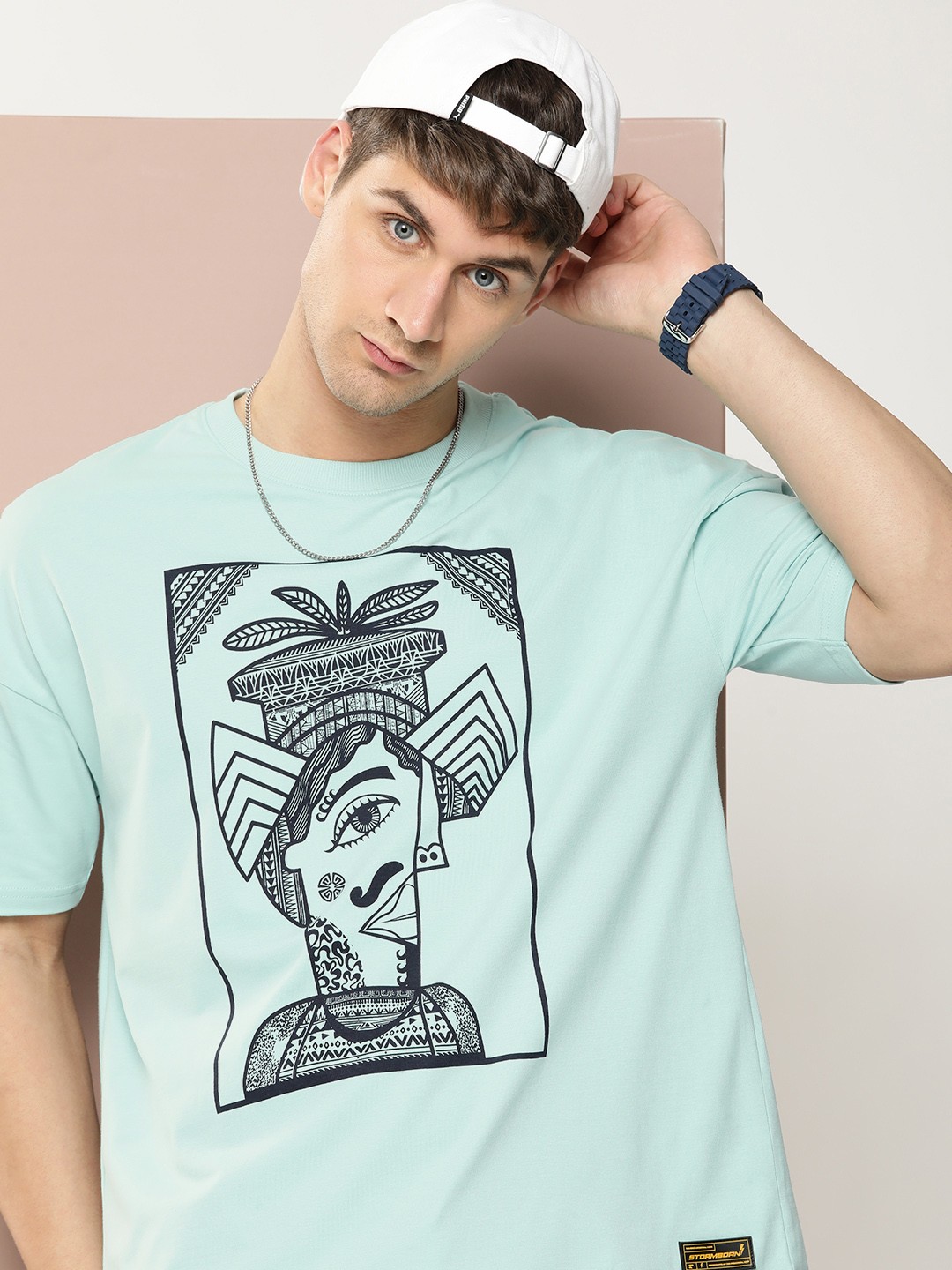 

Stormborn Men Printed Oversized Drop-Shoulder Pure Cotton T-shirt, Turquoise blue