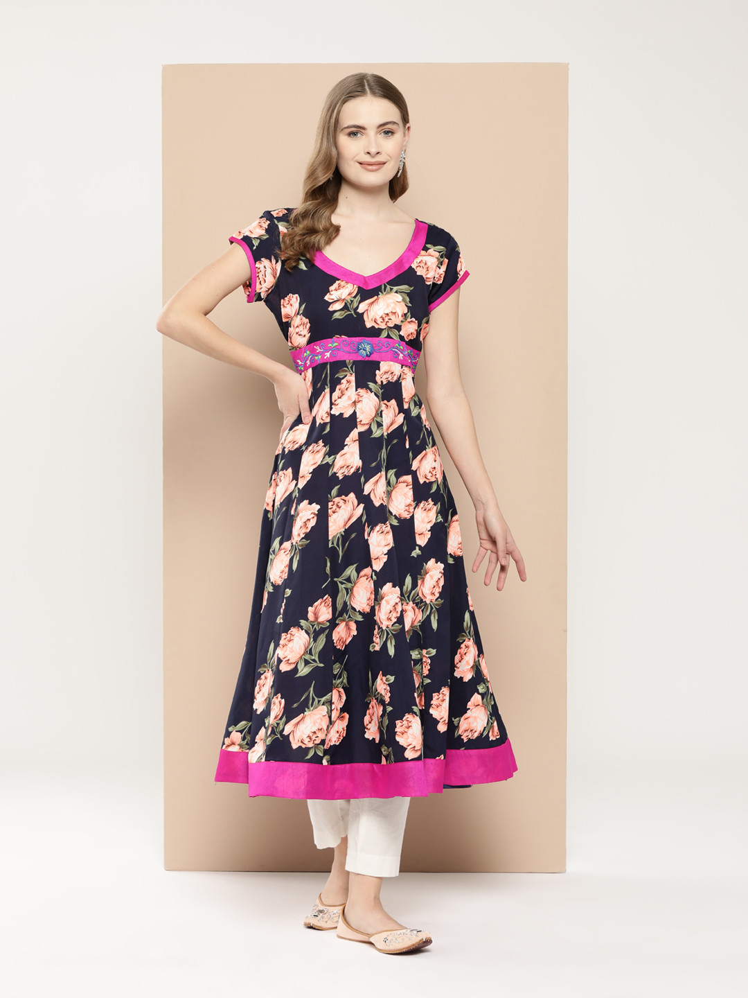 

MBE Women Floral Printed Thread Work Anarkali Kurta, Navy blue
