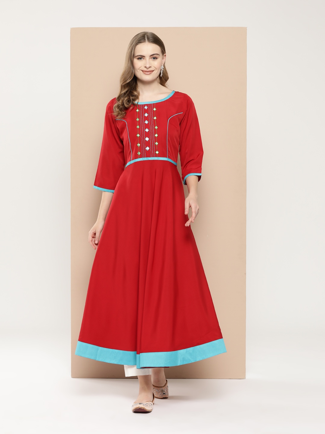

MBE Women Embroidered Mirror Work Anarkali Kurta, Red
