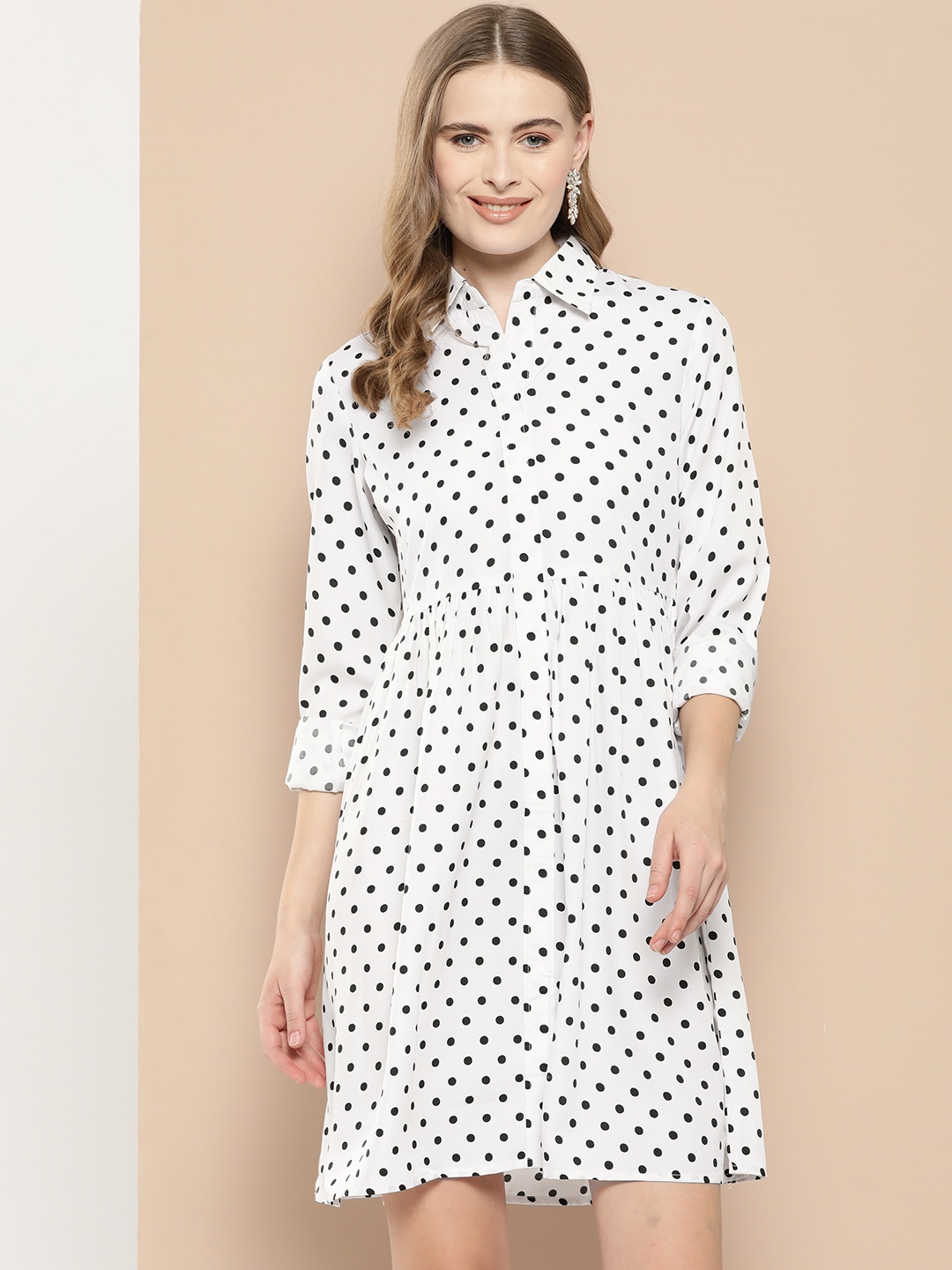 

MBE Polka Dots Print Crepe Shirt Dress, White