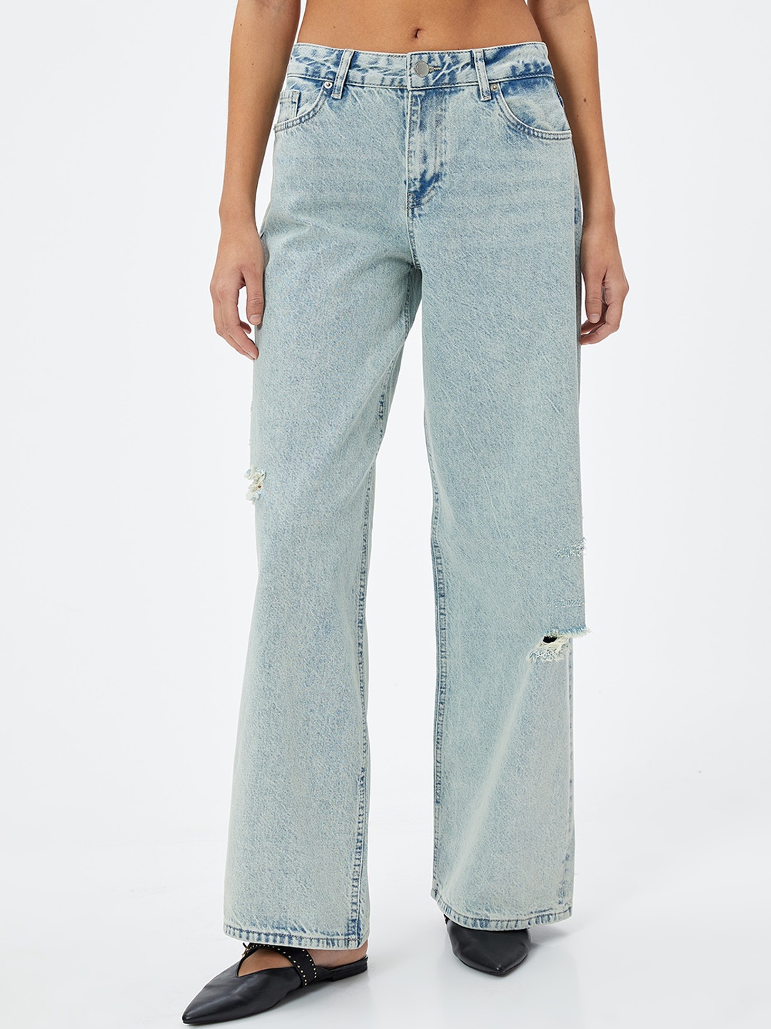 

Koton Women Straight Fit Low-Rise Highly Distressed Jeans, Blue