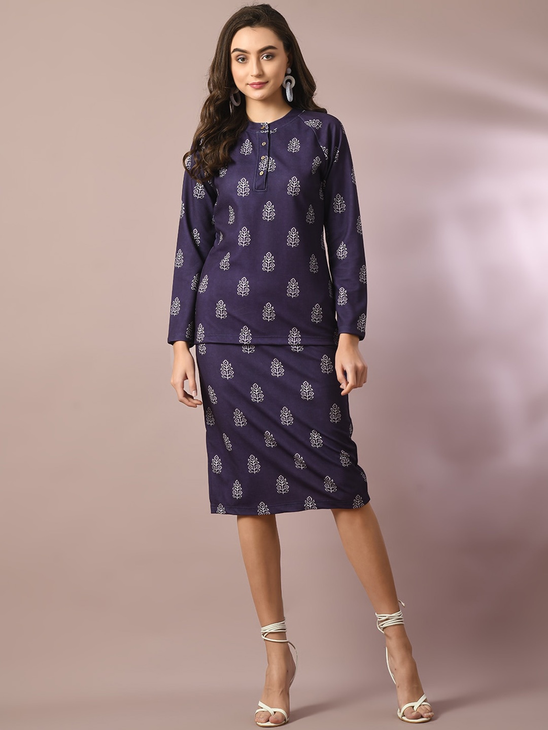 

HERE&NOW Round Neck Printed Top & Skirt, Navy blue