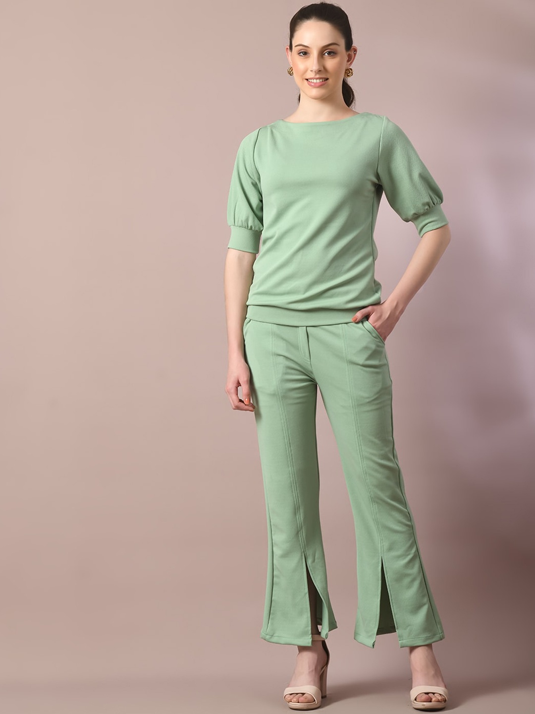 

HERE&NOW Boat Neck Puff Sleeves Top With Trousers, Sea green