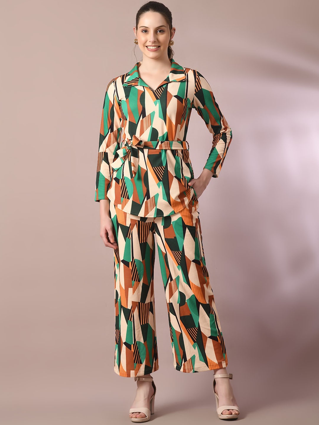 

HERE&NOW Geometric Printed Shirt Collar Tunic & Trousers, Green