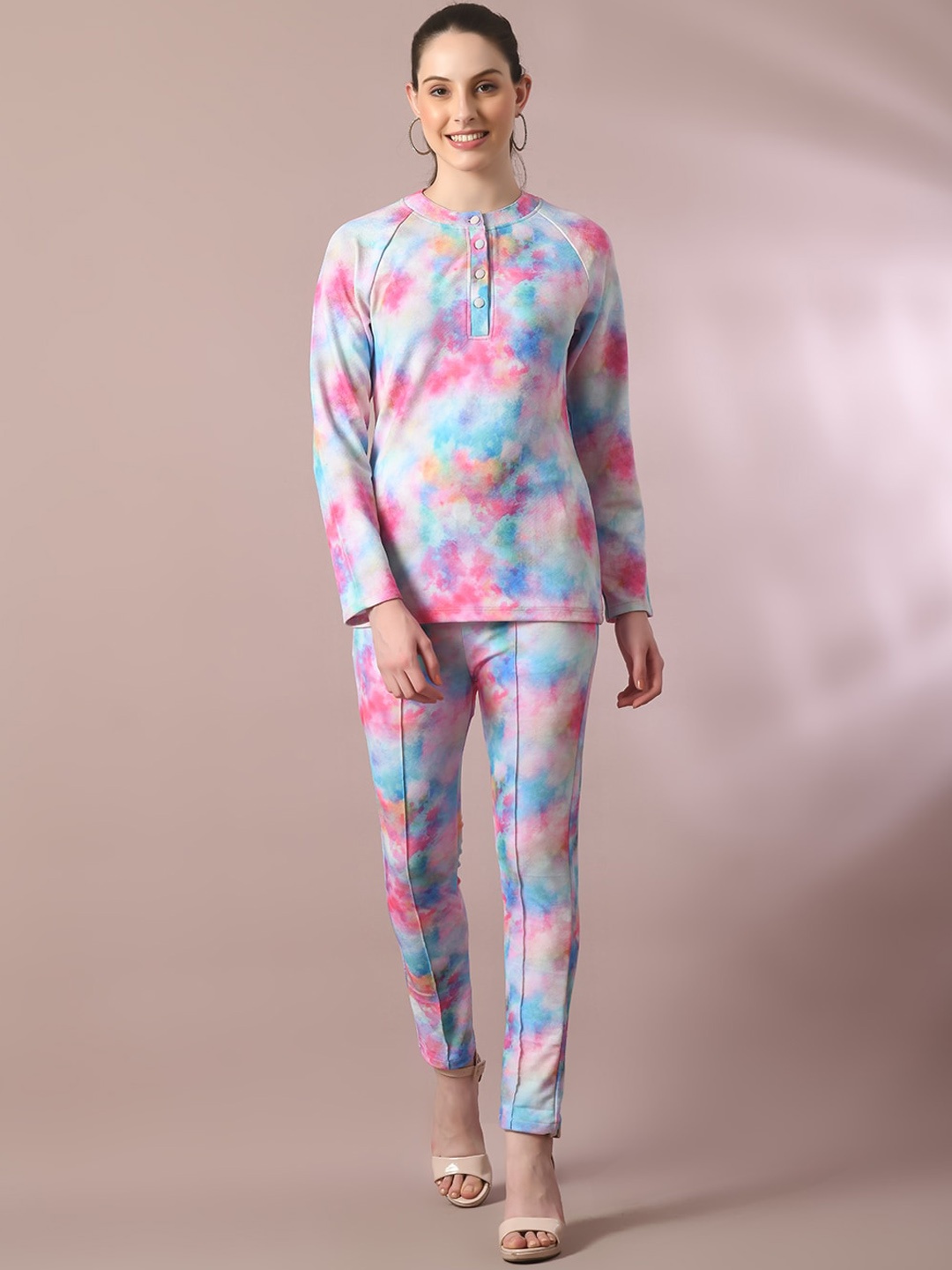 

HERE&NOW Printed Round Neck Top With Trousers, Blue
