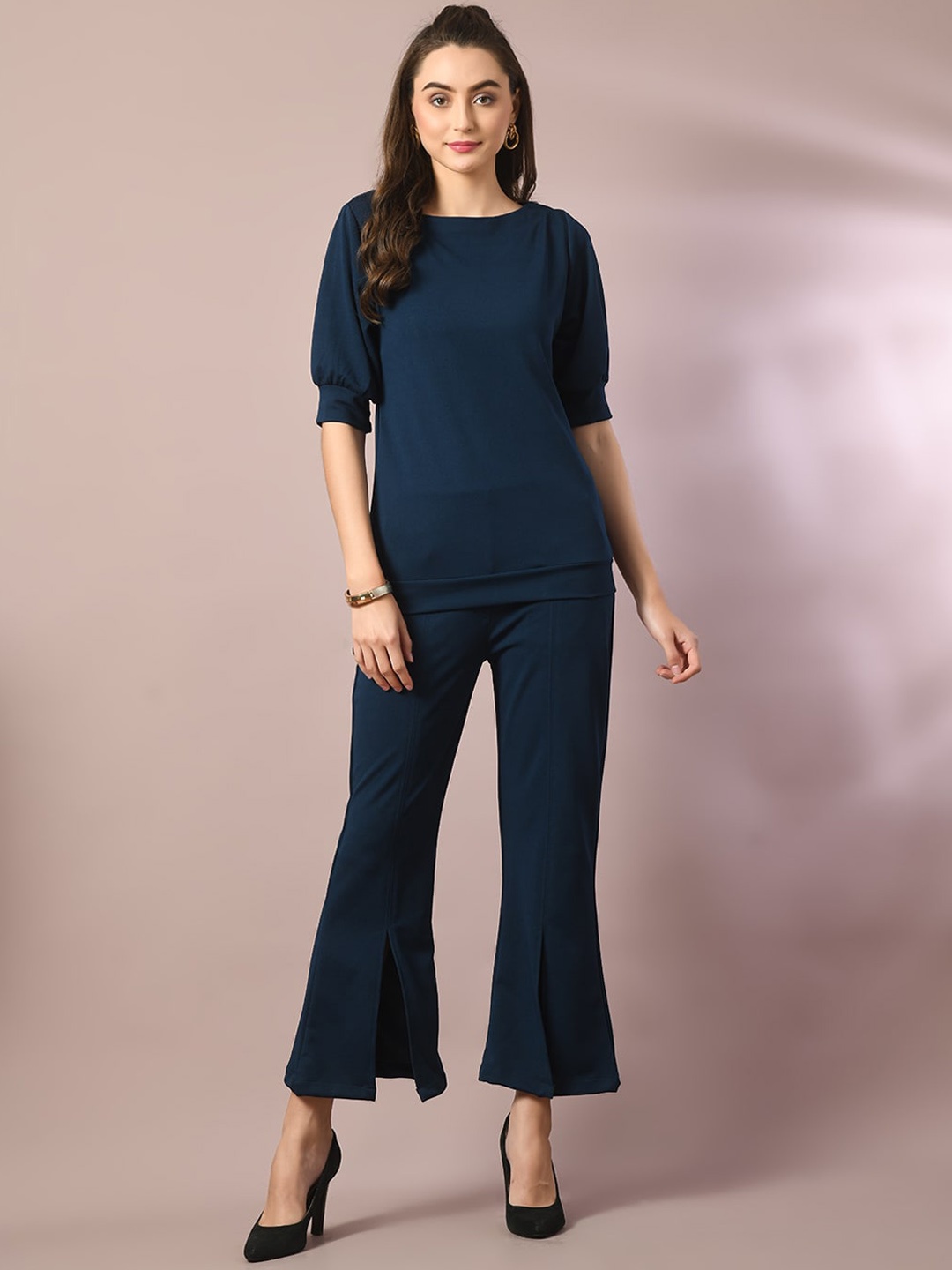 

HERE&NOW Valentino Navy Blue Boat Neck Puff Sleeves Top With Bootcut Trousers