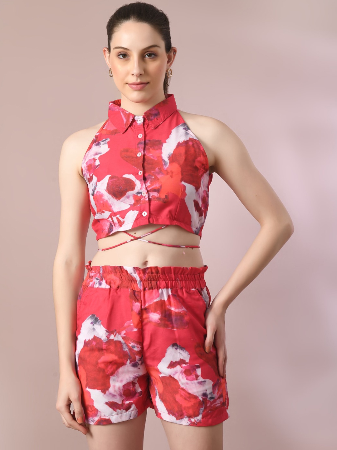 

HERE&NOW Printed Linen Top & Shorts, Red