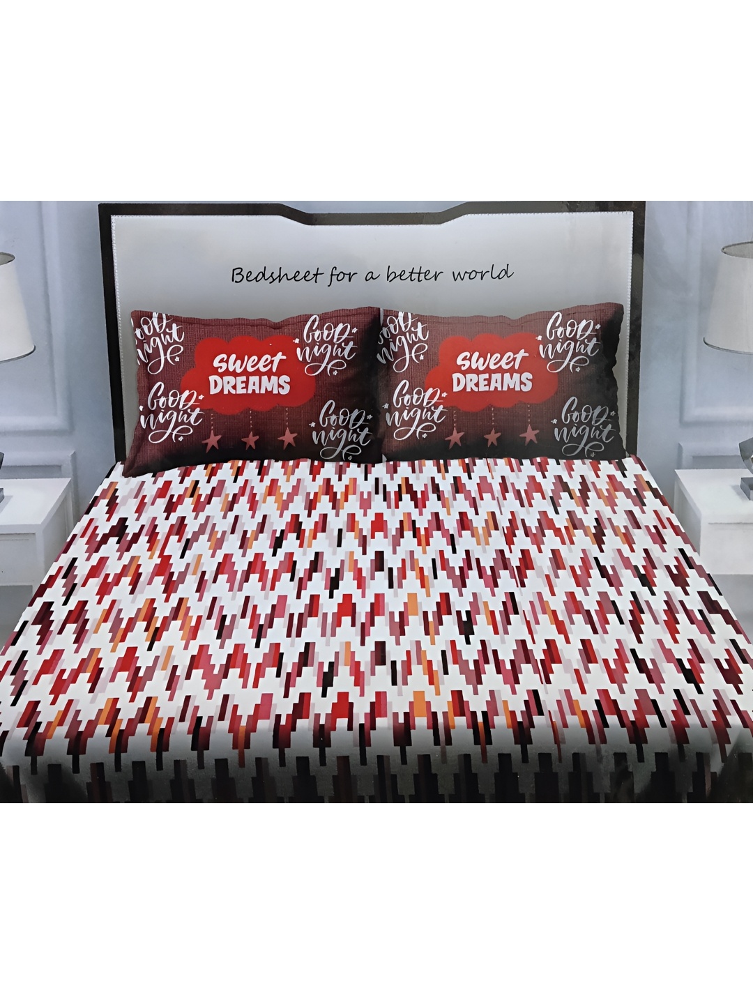 

Signature Estella White & Red Geometric 150 TC Cotton Queen Bedsheet with 2 Pillow Covers